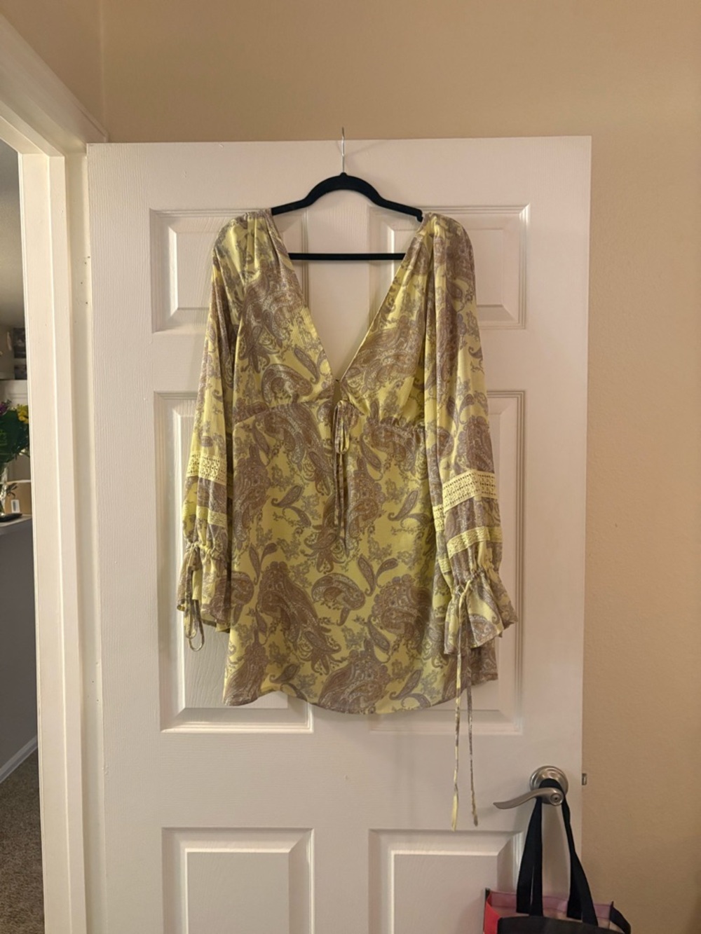 Light Yellow Paisley V-Neck Peasant Dress